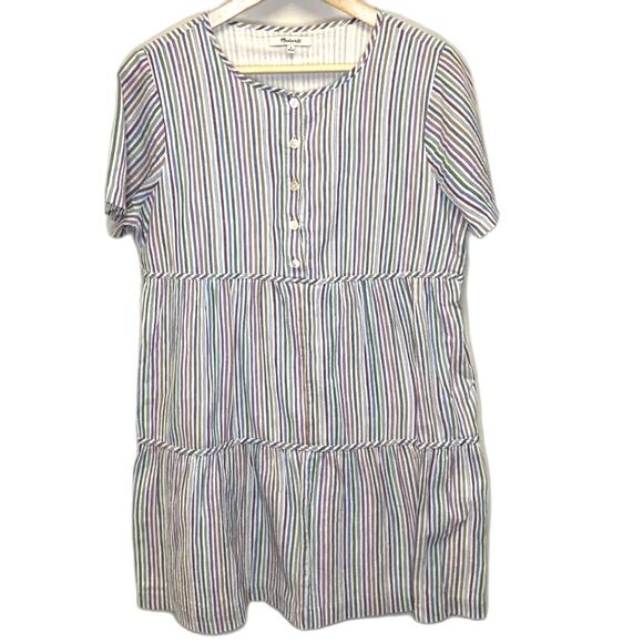 Madewell Multi Striped Button Front Short Sleeve Tiered Mini Dress Size M - Picture 3 of 13